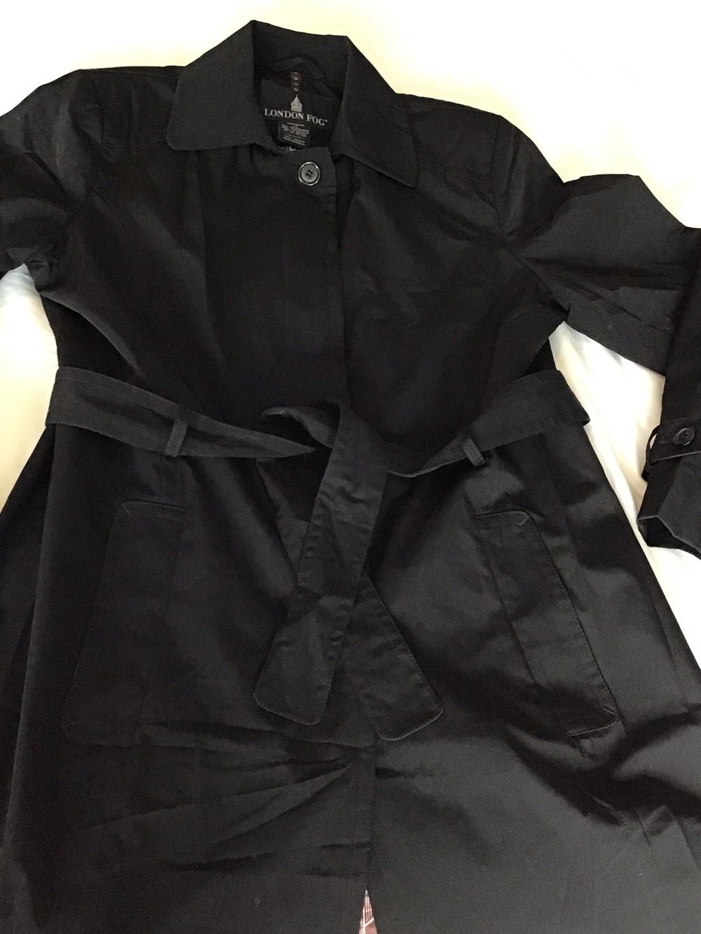 London Fog Black Trench Coat Short Single Breasted with Waist Tie